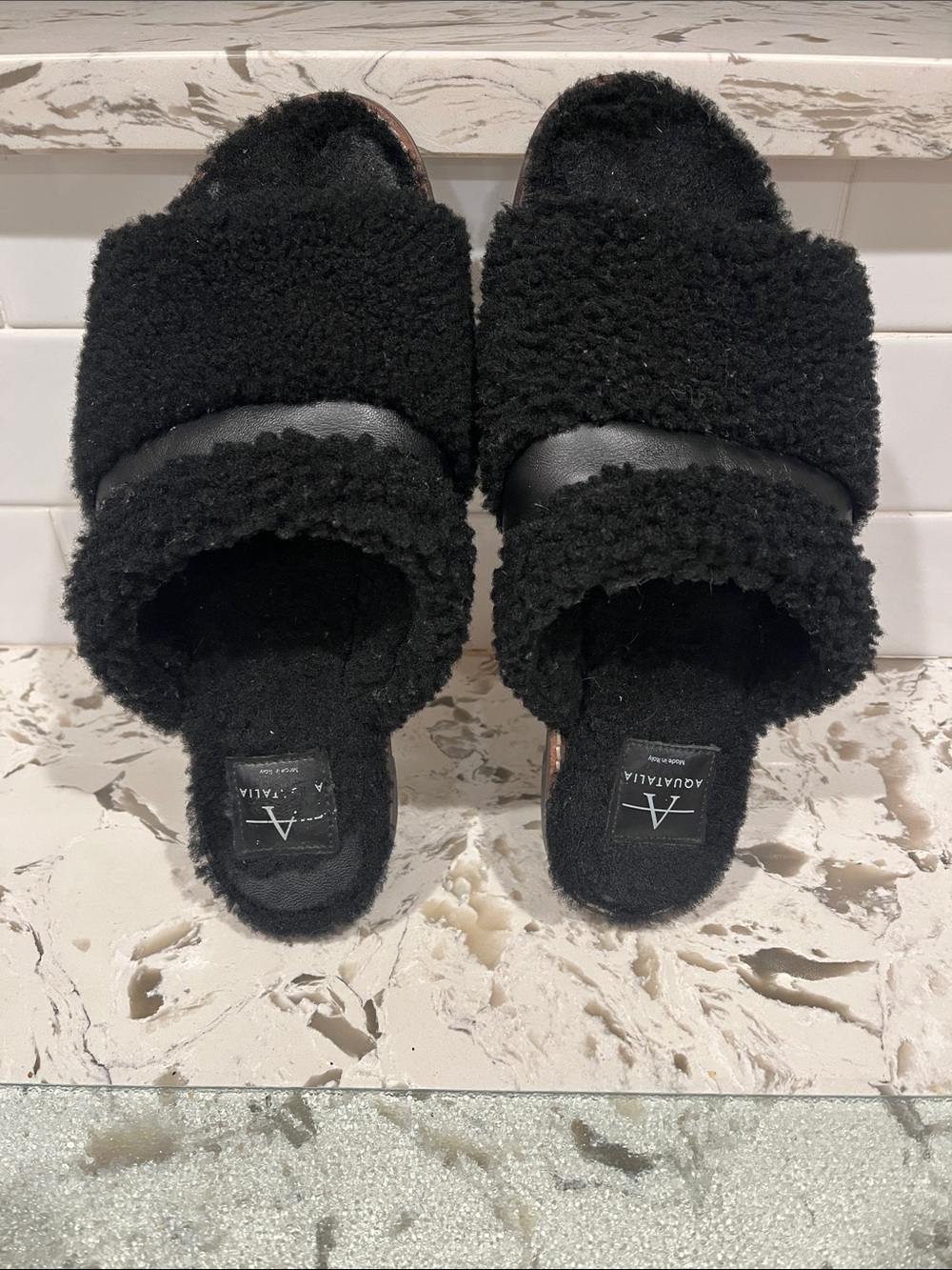 AQUATALIA Alina Genuine Shearling Leather Slipper Slides Black 9